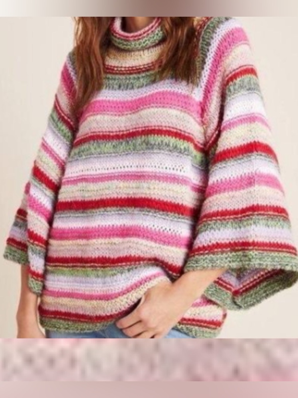 Anthropologie Striped Multicolor Turtleneck Sweater — Pink, Red, Green, White